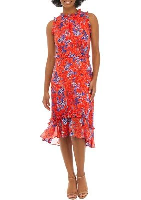 Women's Sleeveless Mock Neck Floral Print Fit and Flare Midi Dress