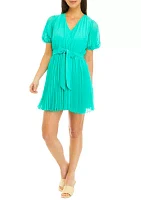 Women's Short Sleeve V-Neck Pleated Fit and Flare Dress