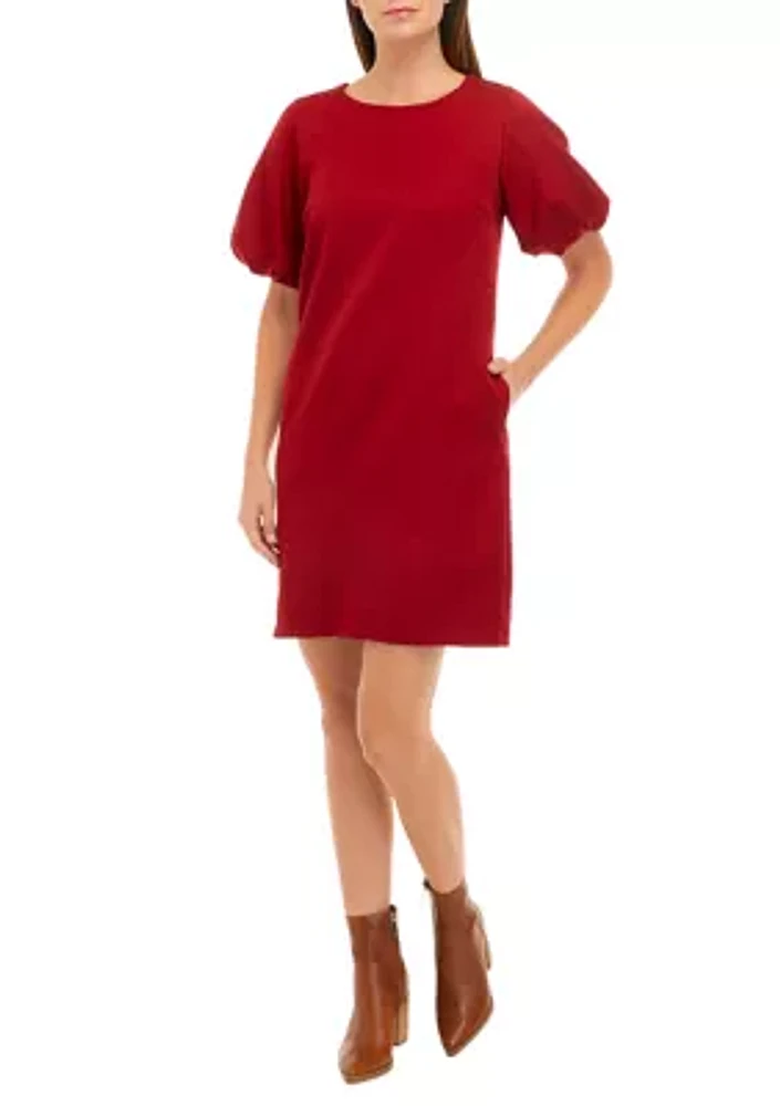 Women's Short Puff Sleeve Solid Shift Dress