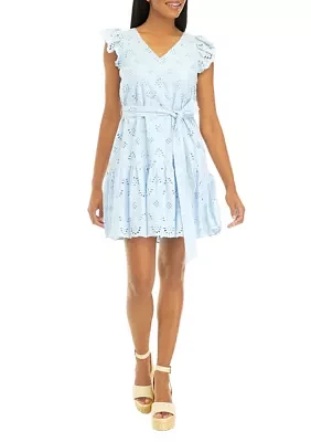 Women's Short Flutter Sleeve Solid Eyelet Fit and Flare Dress