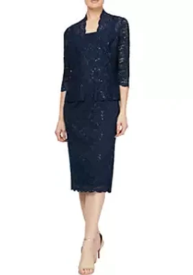 SLNY Two Piece T-Length All Over Lace Jacket Dress with Sequin Detail