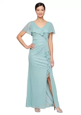 Women's Long Cascade Ruffle Front Dress with Bugle Beads