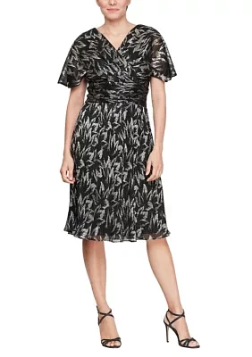 Women's Midi Foil Printed Dress with Surplice Neckline and Ruched Waist