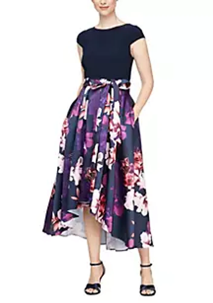 SLNY Cap Sleeve Printed Party Dress