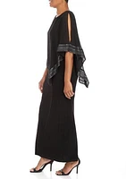 Metallic Trim Cape Long Dress