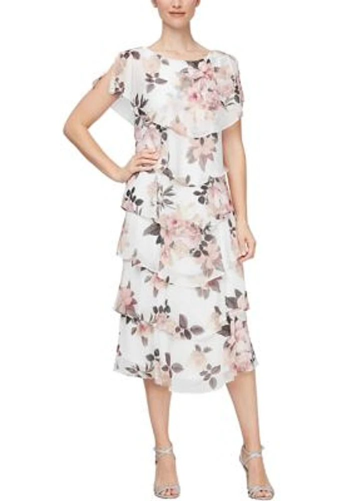 Women's Tea Length Printed Tiered Dress