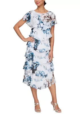 T-Length Tiered Dress with Embellished Shoulder