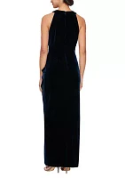 Women's Long Beaded Halter Neck Dress with Cascade Ruffle Detail