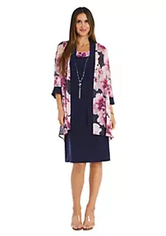 R & M Richards 2Pc  Chiffon Floral Printed Jacket Dress With Ity Tank And Detachable Necklace