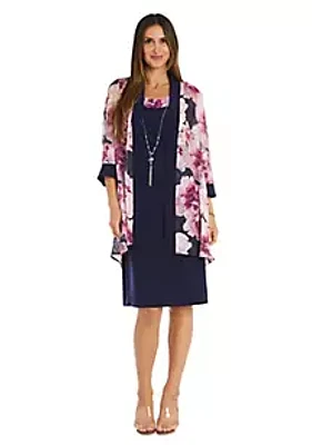 R & M Richards 2Pc  Chiffon Floral Printed Jacket Dress With Ity Tank And Detachable Necklace