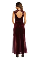 Long Stretch Velvet W Mesh Insets Piped Detailed Bodice And Inset Trumpet Skirt