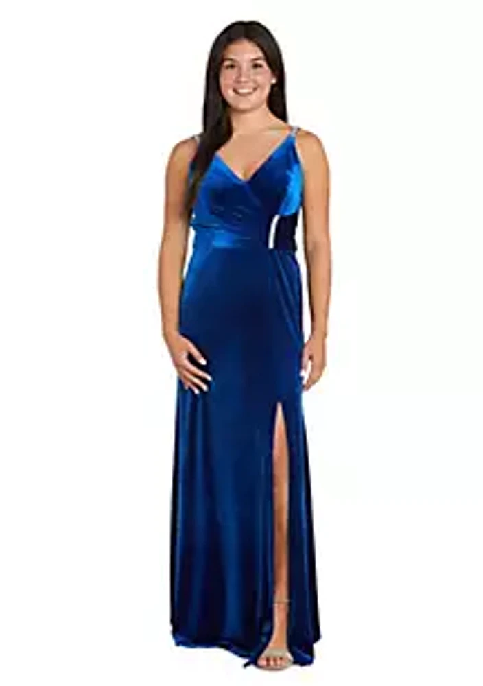 Nightway Long Slim Stretch Velvet Sleeveless Pleated Mock Wrap Bodice W Side Rhinestone Trim  Straps V Back Slit