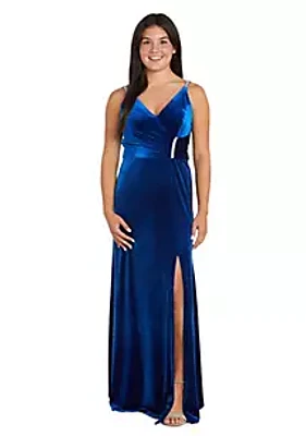 Nightway Long Slim Stretch Velvet Sleeveless Pleated Mock Wrap Bodice W Side Rhinestone Trim  Straps V Back Slit