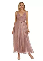 Nightway Long Mock Wrap Foil Print W Side Tie, Spaghetti Straps And Full Skirt