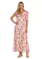 Nightway Long Floral Print Mock Wrap Empire Waist W Short Flutter Sleeves