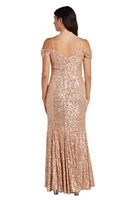 Long Off The Shoulder Sequins W Criss Cross Bodice  Draped Sleeve And V Back