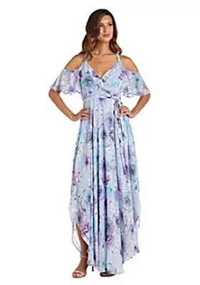 Nightway Hi Lo Floral Print W Cut Away Shoulders  Ruffle Sleeve Detail Mock Wrap Bodice Side Tie