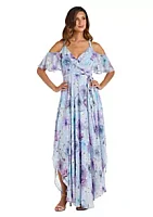 Nightway Hi Lo Floral Print W Cut Away Shoulders  Ruffle Sleeve Detail Mock Wrap Bodice Side Tie