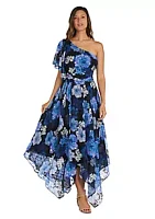 Nightway One Shoulder Flutter Sleeve Floral Print W Draped Bodice And Hanky Hem