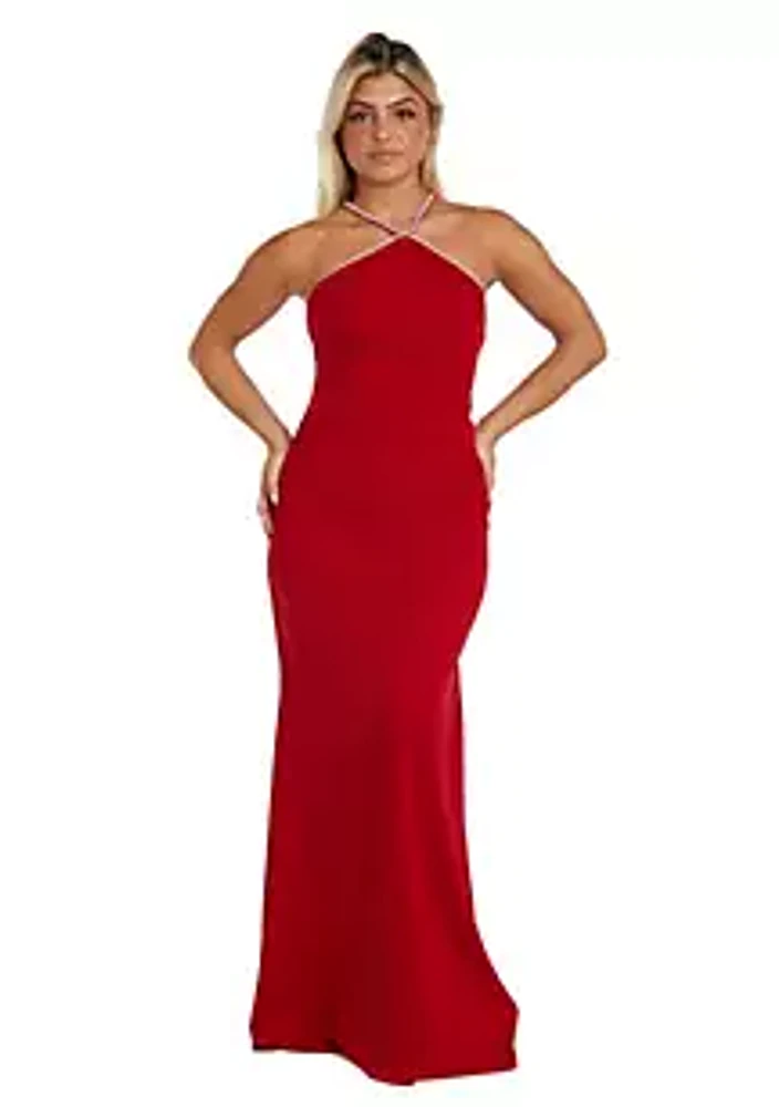 Nightway Long Scuba Crepe W Rhinestone V Neck And Straps Ruched Back Detail