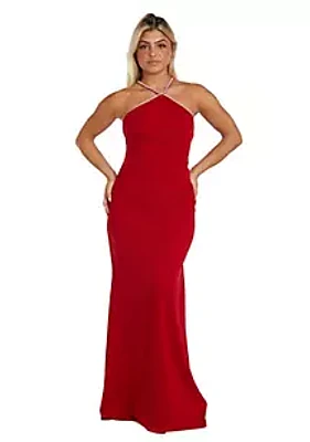 Nightway Long Scuba Crepe W Rhinestone V Neck And Straps Ruched Back Detail