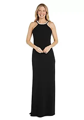 Nightway Long Scuba Crepe W Rhinestone Cleo Neckline