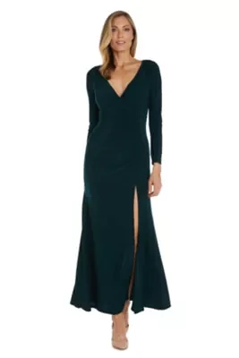 Long Sleeve Ity W Mock Wrap Bodice  Side Ruching And Slit