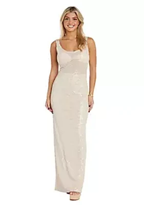 Nightway Long Scattered Stretch Sequin W Scoop Neck And Back And Illusion Waist Detail