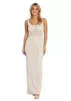 Nightway Long Scattered Stretch Sequin W Scoop Neck And Back And Illusion Waist Detail