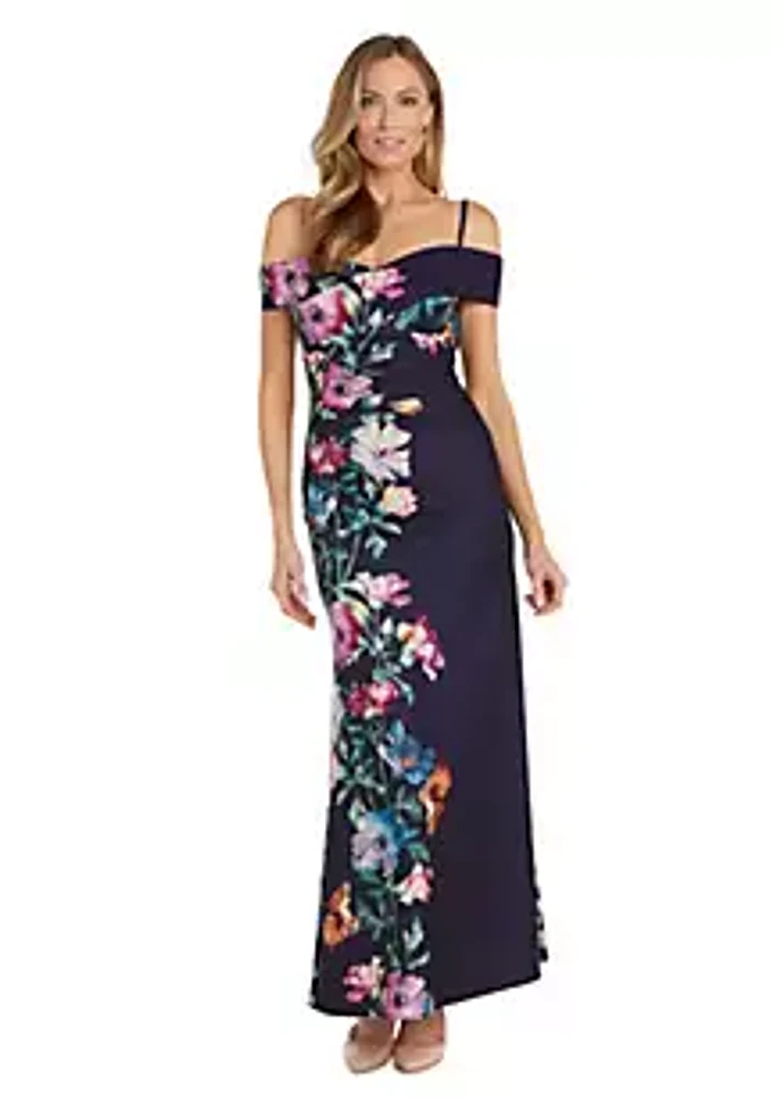 Nightway Long Printed Portrait Neckline Scuba Crepe W/Spaghetti Straps