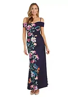 Nightway Long Printed Portrait Neckline Scuba Crepe W/Spaghetti Straps