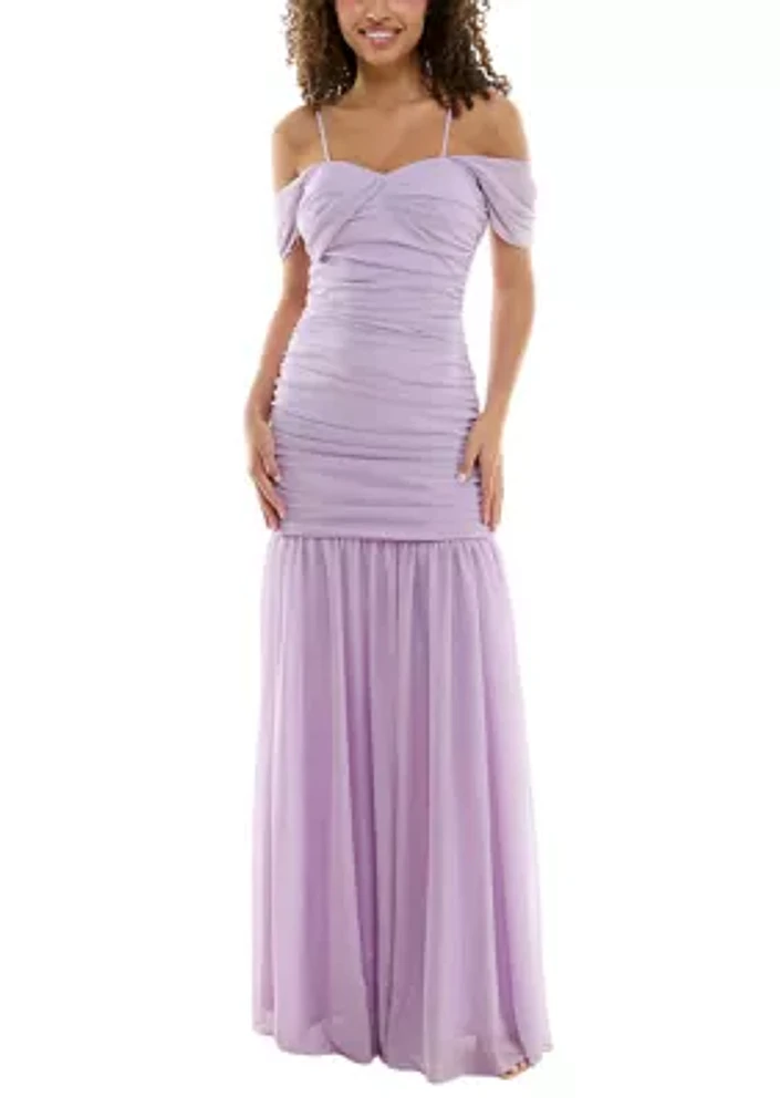 Women's Long Off The Shoulder Ruched Glitter Knit Mermaid Gown