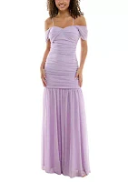 Women's Long Off The Shoulder Ruched Glitter Knit Mermaid Gown