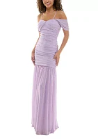 Women's Long Off The Shoulder Ruched Glitter Knit Mermaid Gown