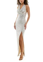 Women's Long Cowl Neck X Back Sequin Halter Gown