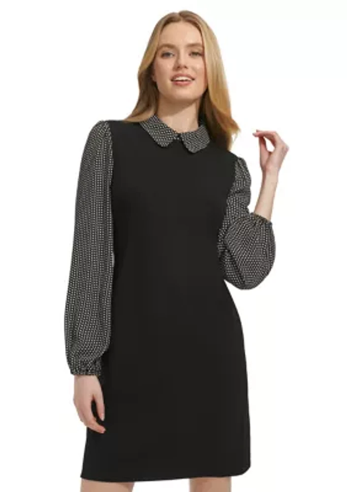 Women's Long Sleeve Beaded Dot Chiffon Scuba Crepe 2Fer Dress