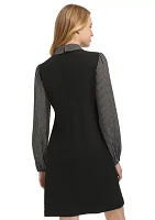 Women's Long Sleeve Beaded Dot Chiffon Scuba Crepe 2Fer Dress