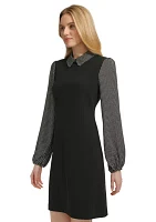 Women's Long Sleeve Beaded Dot Chiffon Scuba Crepe 2Fer Dress