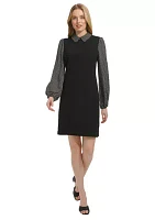 Women's Long Sleeve Beaded Dot Chiffon Scuba Crepe 2Fer Dress