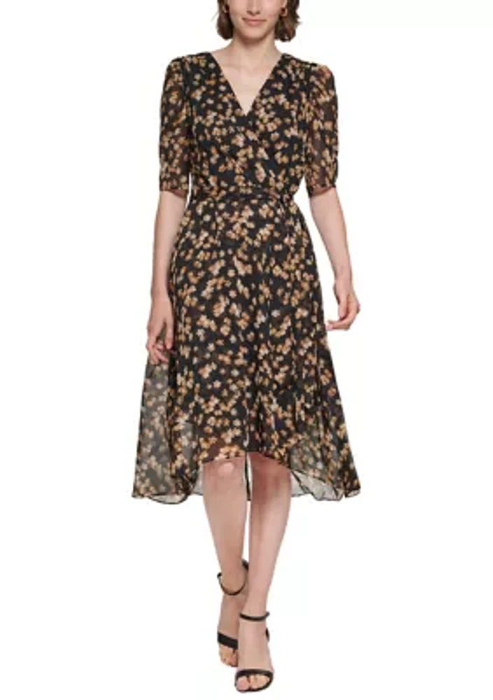 Women's Puff Sleeve Floral Chiffon Fit and Flare Dress