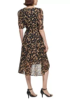 Women's Puff Sleeve Floral Chiffon Fit and Flare Dress