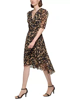 Women's Puff Sleeve Floral Chiffon Fit and Flare Dress