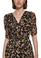 Women's Puff Sleeve Floral Chiffon Fit and Flare Dress