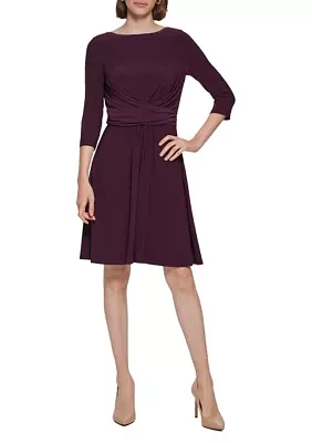 Women's 3/4 Sleeve Wrap Front Jersey Fit and Flare Dress