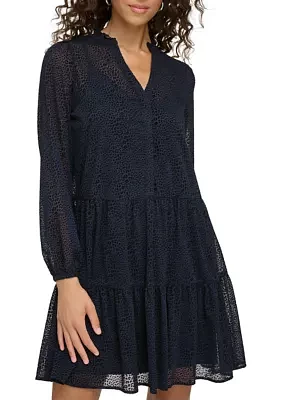 Women's Long Sleeve V-Neck Tiered Chiffon Shirtdress