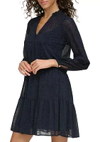 Women's Long Sleeve V-Neck Tiered Chiffon Shirtdress