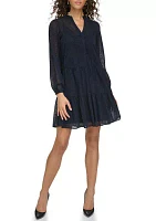 Women's Long Sleeve V-Neck Tiered Chiffon Shirtdress