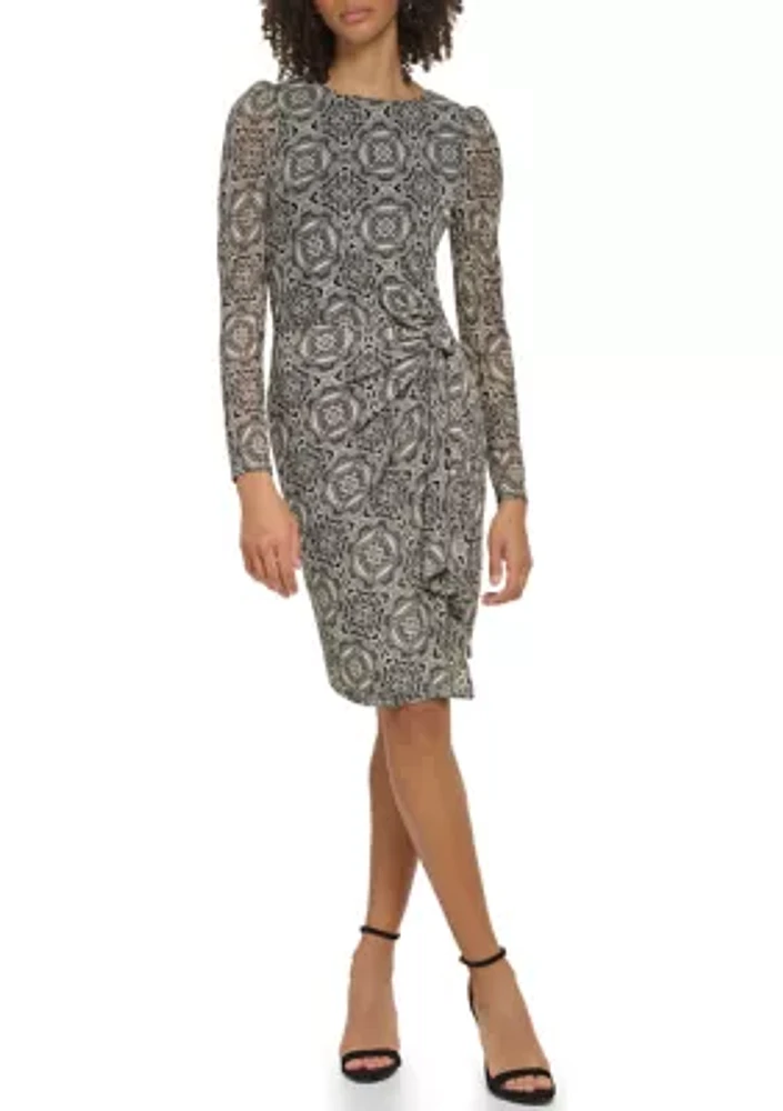 Women's Long Sleeve Round Neck Mesh Side Tie Printed Dress