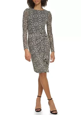 Women's Long Sleeve Round Neck Mesh Side Tie Printed Dress