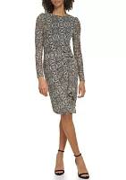 Women's Long Sleeve Round Neck Mesh Side Tie Printed Dress